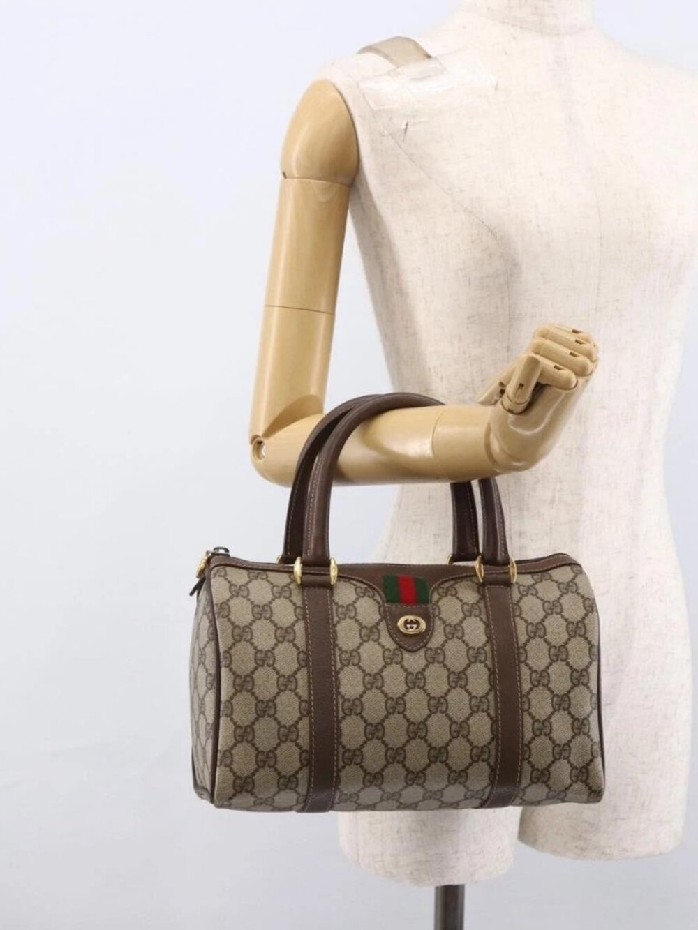 GUCCI GG Supreme Web Sherry Line Boston Bag PVC Beige Gold 40 02 006 Auth LNZ451
